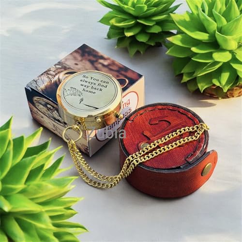 Brújula de latón con estuche de cuero grabada miniatura 3