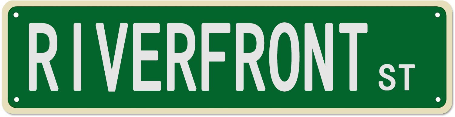 Riverfront St Retro Tin Signs Aluminum Metal Sign for Home Living Room Garden Wall Yard Pub Club Decor 4x16 Inch