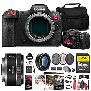 Canon EOS R5 C Mirrorless Cinema Camera (5077C002) + Canon 16mm Lens (5051C002) + Sony 64GB Tough SD Card + Filter Kit + Bag + Charger + LPE6 Battery + Telephoto Lens + Card Reader + More (Renewed)