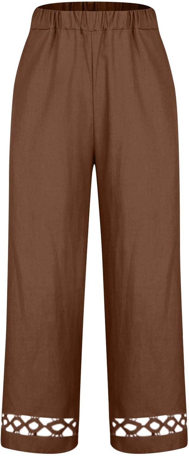 Linen Pants for Women Casual Cotton Straight Leg Pant Elastic High Waisted Lounge Loose Lace Trousers with Pockets