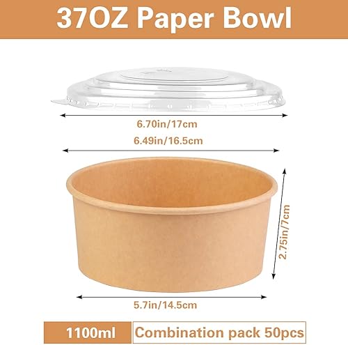 Miniatura 2 de Wuadua Paquete de 50 cuencos redondos de papel de 37 onzas (37.2 fl oz), cuenco de ensalada de papel kraft desechable con tapas, cuencos de papel de