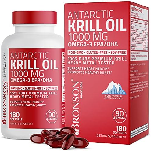Bronson Antarctic Krill Oil 1000 mg with Omega-3s EPA, DHA, Astaxanthin and Phospholipids 180 Softgels (90 Servings)