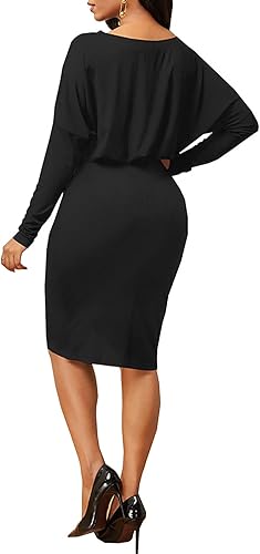 Vista 3 de LalaLin Vestido sexy de manga larga para mujer, con hombros descubiertos, fruncido, color sólido, casual, formal, vestido midi