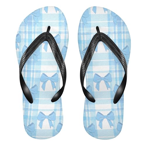 Burbuja Blue Bows Plaid Flip Flops for Women Men, Soft Thong Sandals Rubber Slippers for Pool Beach Essentials