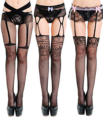 Preisvergleich Produktbild Feoya 3 Paar Damen Reizvolle Strapsen Strümpfe Dessous Strapsstrümpfe mit Strapshalter halterlose Netzstrümpfe Netzstrumpfhose