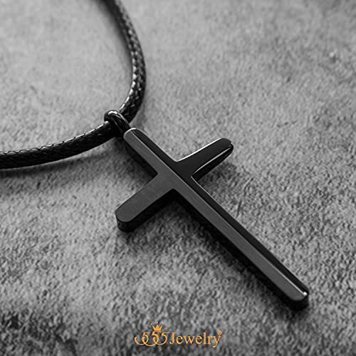 555Jewelry Stainless Steel Cross Necklace for Men - Mens Cross Necklaces with 18 to 24 Inches Waterproof Adjustable Black Leather Rope3