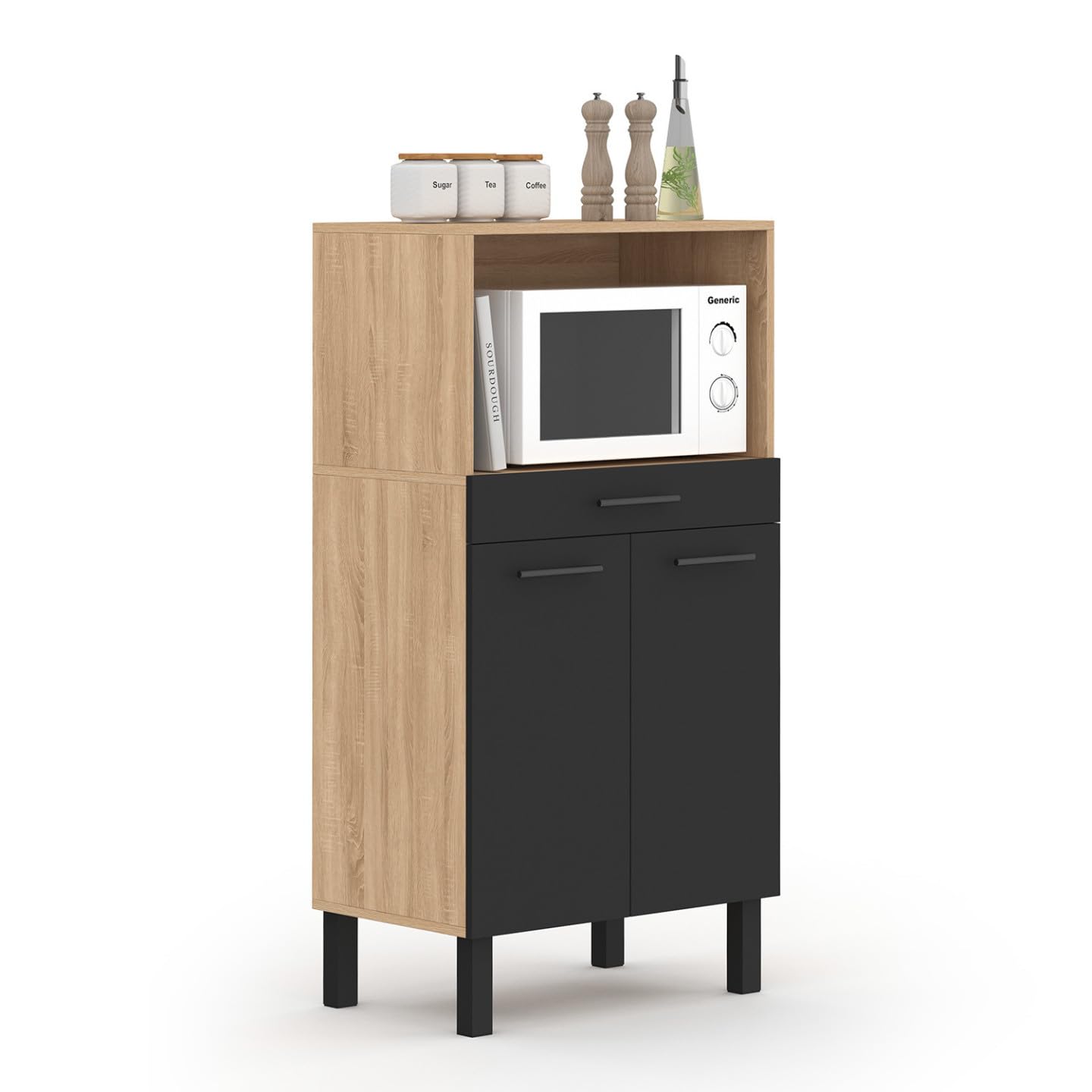 IDMarket - Buffet mi-Haut de Cuisine pour Micro-Onde 60 cm CINA 1 tiroir 2 Portes façon hêtre et Noir