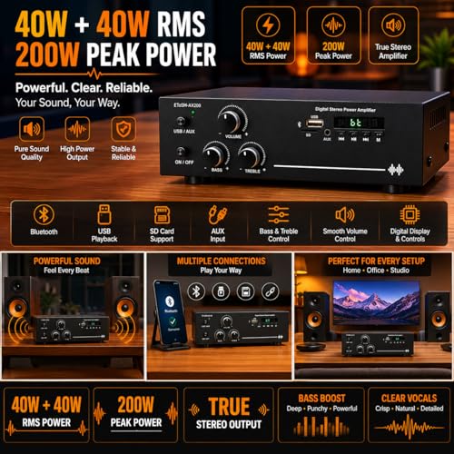 Image of ETOSM-AX200 Digital Stereo Power Amplifier with Bluetooth 5.0, USB, SD, FM, AUX, RCA & IR Remote | 40W + 40W 2 Channel Home Audio Amplifier for 4 Ohm Speakers