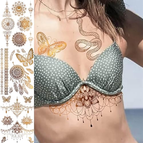 Image of VANTATY 9 Sheets 95+ Patterns Flash Gold Temporary Tattoos For Women, Vintage Indian Tribal Bohemia Lotus Mandala Flower Fake Jewels Tattoo Sleeve For Adults, Glitter Golden Metallic Tatoo Sticker