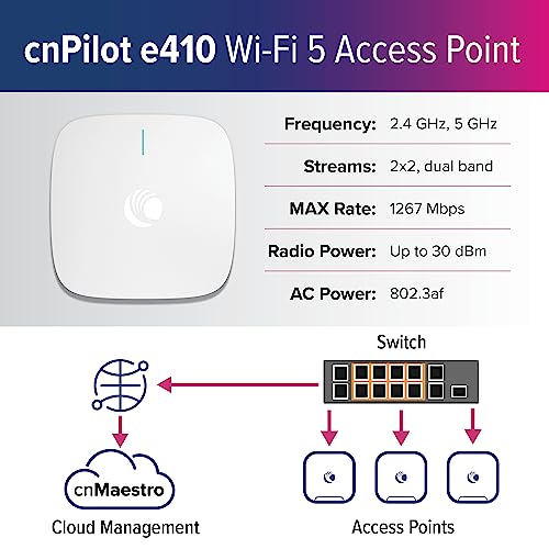 Image of Cambium Networks cnPilot e410 Wi-Fi 5 Indoor Commercial Wireless Access Point (WAP) - US - Powered by PoE - Enhanced Roaming up to 1000 Devices - 2x2 (FCC) - PL-E410X00B-US