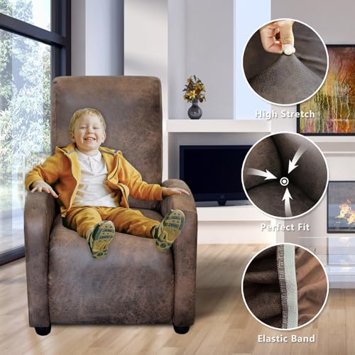 Image of ANARACHON Recliner Chair Covers Leather Look Recliner Cover 4-Piece Slipcovers for Small Reclining Chair Furniture Protector for Kids Dogs Pets Spandex Fabric Washable (1 Small Seater, 02 Brown)