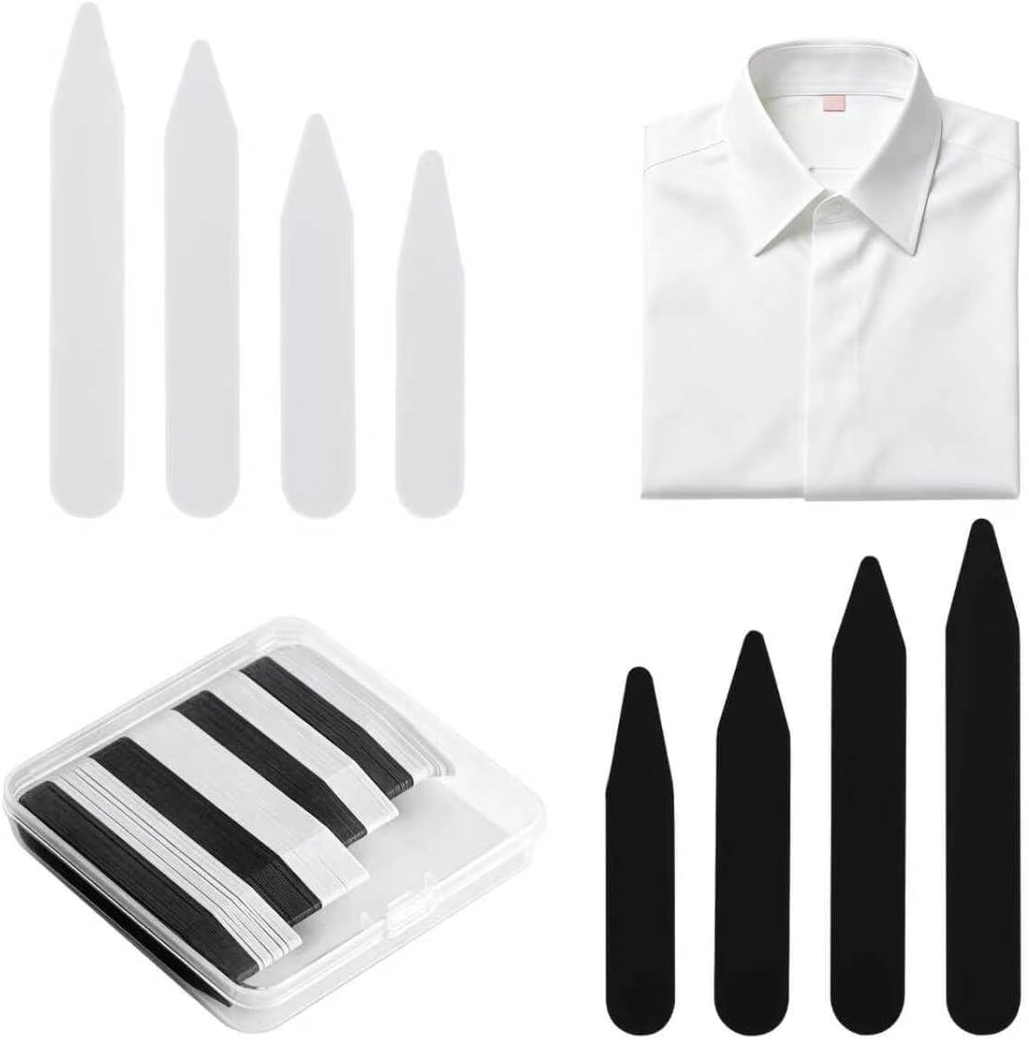 140PCS Shirt Collar Stays, 4 Sizes Black & White for All Collar Styles