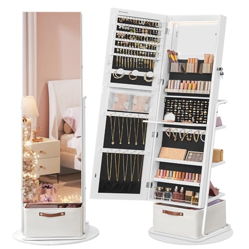SONGMICS 360° Swivel Mirrored Jewelry Cabinet with Lights, Full-Length Mirror with Jewelry Storage, Standing Jewelry Armoire Organizer, Large Storage Basket, Christmas Gifts, Cloud White UJJC018W01