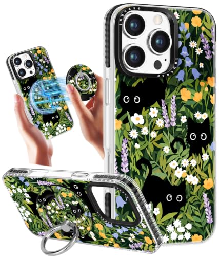 Coque iPhone 16 Pro MagSafe avec motif chat en fleurs en TPU antichoc pour femme et fille