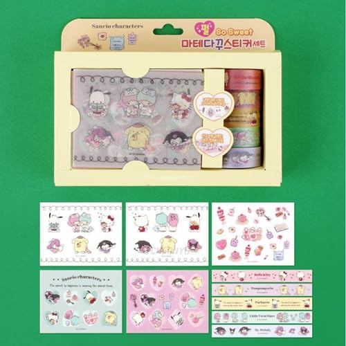 Image of GASHINA STORY Masking Tape & Stickers Set - 5 Pcs for Crafts & Decor - Twinkle Pearl Design - Cute Kawaii Masking Tape Bulk - for Diary /Journal /Planners - Gift Box (San-Rio Characters)