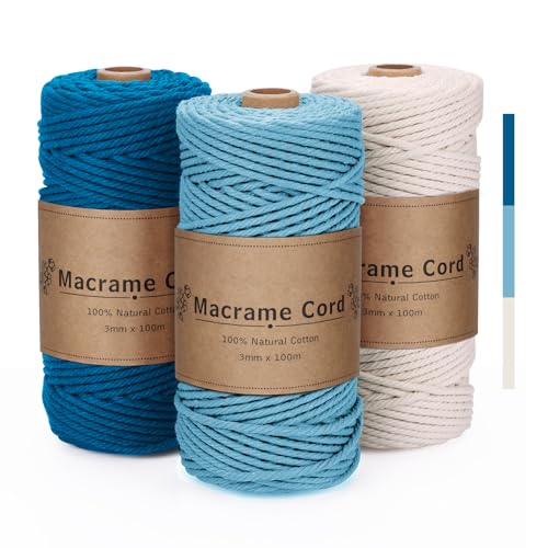 VORHOT Hilo Macrame 3mm Azul, Juego de 3 Cuerda Macrame, Cordón de Algodón Natural para Tapices, Manualidades Bricolaje, Hogar Decoración Bohemia, 3x100M