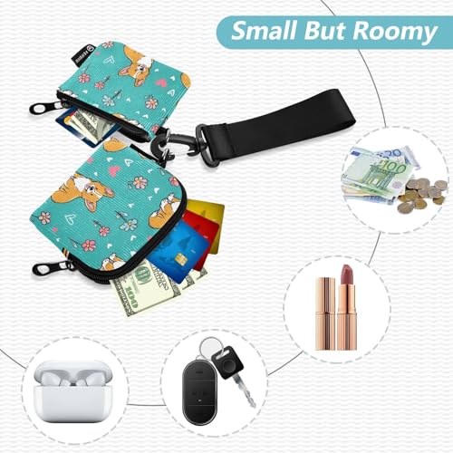 Cute Corgi with Flower Wristlet Wallet for Women, Detachable Dual Pouch Wristlet, Mini Zip Around Wallet Portable Coin Purses2