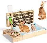 Distributeur de Nourriture 4 en 1 pour Lapin, avec râtelier à Foin, Toilettes, Bols et Bouteille d'eau, Combinaison de Nourriture pour Lapins, cochons d'Inde, Hamsters et Petits Animaux.