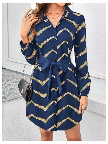 Image of SweatyRocks Women's Metallic Gold Long Sleeve Dresses Collar Shirtdress Casino Night Party Outfit