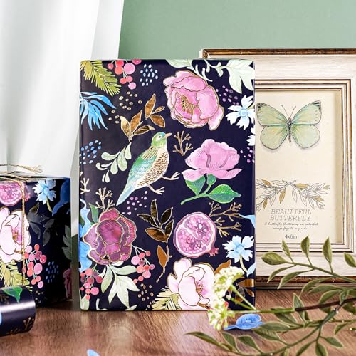 WRAPAHOLIC Floral Wrapping Paper Roll - Mini Roll - 17 Inch x 16.5 Feet - Elegant Gold Foil Birds and Flower Wrapping Paper Perfect for Wedding, Birthday, Bridal Shower, Tea Party