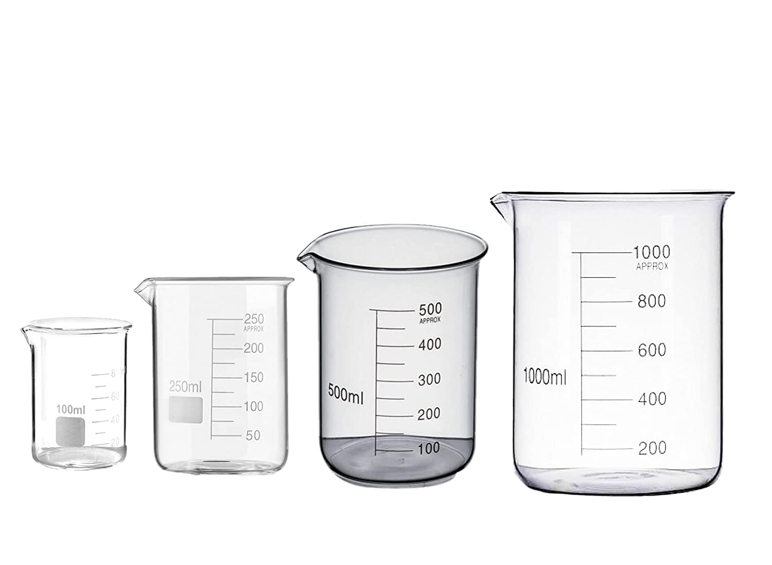 Labsurge Borosilicate Glass Beaker 100ml, 250ml, 500ml &1000ml for Chemistry Laboratory used/Scientific Product/Set of 4