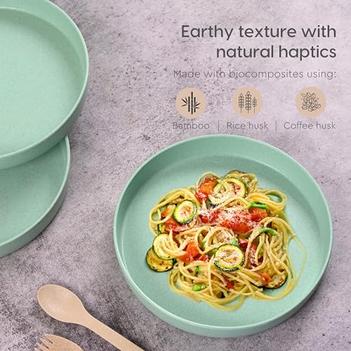 Image of Eha Earth Friendly Verde Round Plates | Set of 4 | 8 inch | Made with Rice Husk Biocomposite | Breakfast Plates | Unbreakable Dinner Plates Set | Microwave Safe | Celeste