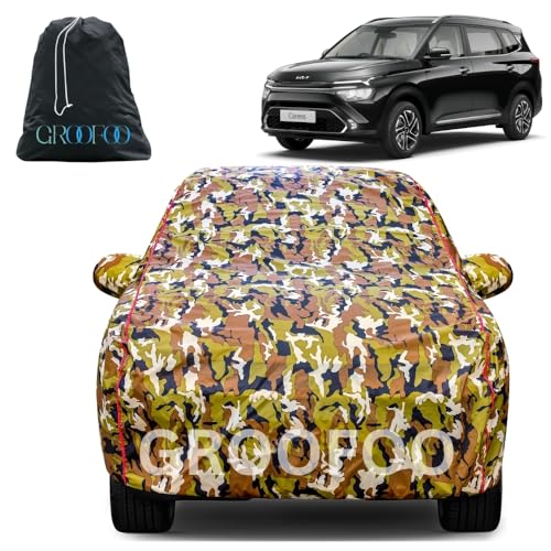 Image of GROOFOO Waterproof Car Body Cover with Mirror Pockets Compatible with Kia Carens | Triple Stitch Blue Piping Car Cover UV & Dust Proof All-Weather Protection, Adjustable Buckle (Army and Red)
