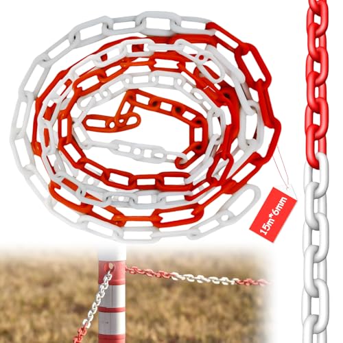 Cadena de plástico de 15 m x 6 mm, color rojo y blanco, de plástico, para seguridad de advertencia, aparcamiento, construcción
