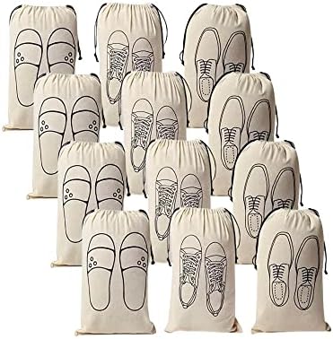 IVILLAGE Premium Reusable and Washable 100% Pure Cotton Fabric Shoe Covers/Bags with Drawstring Closure|Handcrafted Doodle Collection|Ideal for Travel, Home and Storage| Pack of 12|Off-White|Male
