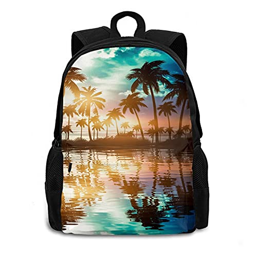 Beach Sunset Palm Tree Backpack Bookbag Shoulder Bag Casual Daypack 17 Inch Plus Laptop Bag for Unisex Teens Girls 1-5th Grade