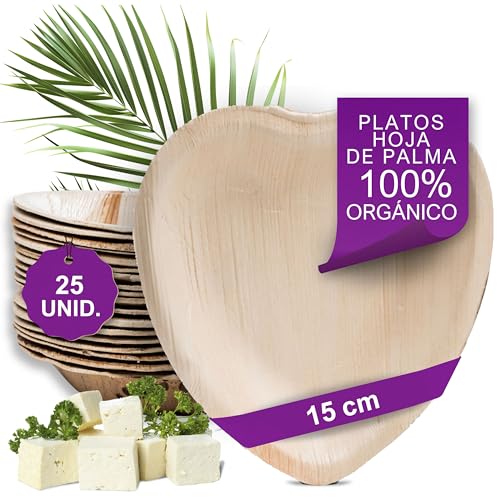 Waipur 25 Platos Desechables de Hoja de Palma Ecológicos - Corazón 15 cm - Vajilla Orgánica - Estable, Natural y Biodegradable - Elegantes para Fiestas - como Menaje de Bambu
