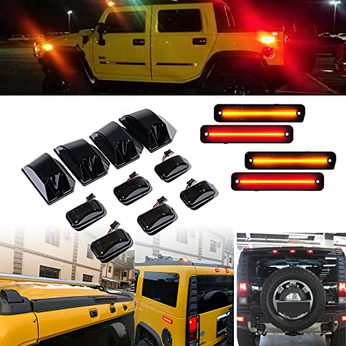Astra Depot 14PCS Smoked Amber Red LED Top Roof Cab Marker Light Kit + Front Rear Side Marker Lights Assemblies Compatible with 2003-2009 Hummer H2