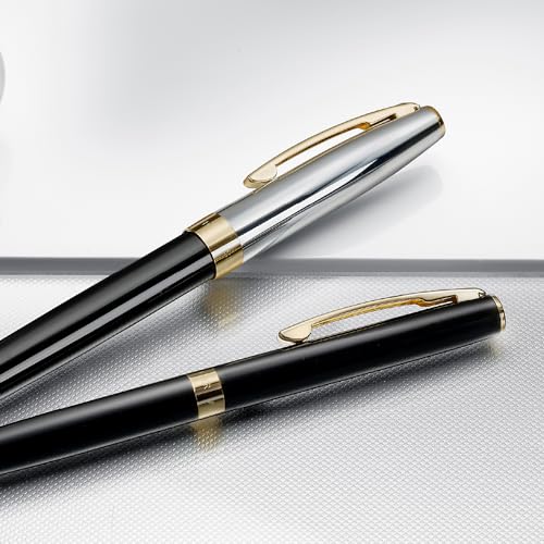 Image of Sheaffer Fountain Pen Sagaris 9475 Gloss Black Barrel and Chrome Cap With Gold Tone trim | Medium Nib | Premium Black Pen