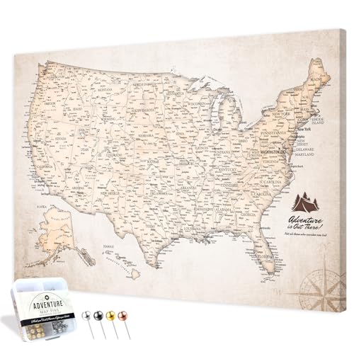 Image of IPIC - Vintage USA Map Pin Board Canvas Wall Art, Travel Map with Pins Included, Ready to Hang for Home or Office 36x24 Inch