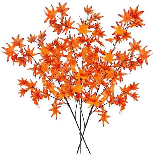 ROLLWAY 3 paquetes de flores de otoño artificiales, decoración de otoño, 90 cm, flores artificiales de otoño, hojas de arce, hojas de otoño, ramas artificiales, hojas de otoño, ramas de otoño, hojas