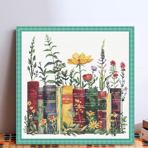 Image of KYOQFVN Stamped Cross Stitch Kits - Flower Embroidery Starter Kit for Adult Beginners, 11CT Needlepoint Cross-Stitch Patterns Dimensions Kit Arts and Crafts 14x14inch