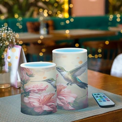Image of senya Lights Flameless Candles Spring Pink Flower Hummingbird Pillar Candles Set of 2 Battery Operated Remote Control Warm Lights Home Decor