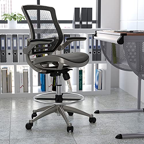 Flash Furniture Waylon Mid-Back Transparent Black Mesh Drafting Chair With Graphite Silver Frame And Flip-Up Arms #TOP1