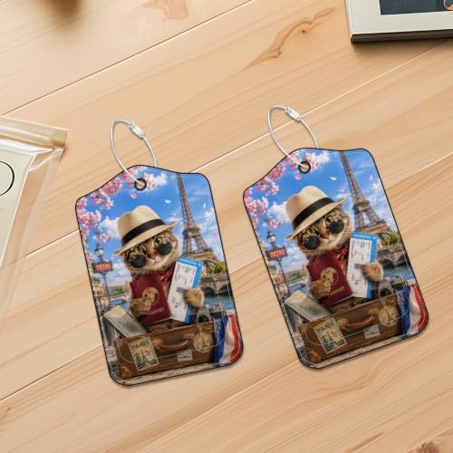 Image of Funny Cat Paris Luggage Tags 2 Pack, PU Leather with Privacy Cover
