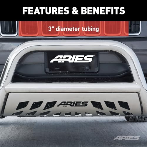Image of ARIES 35-4017 3-Inch Polished Stainless Steel Bull Bar, No-Drill, Select Chevrolet Silverado, GMC Sierra 1500