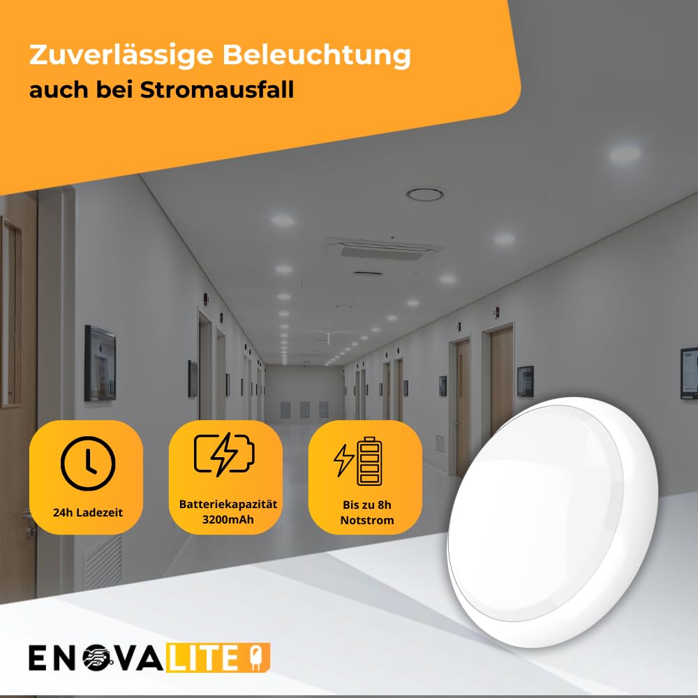 LED Notleuchte mit Akku 8h Notbetrieb oder Dauerbetrieb, Fluchtwegleuchte mit Testfunktion für Flur, Treppenhaus - IP65 Notbeleuchtung Stromausfall - mit Fernbedienung für TEST