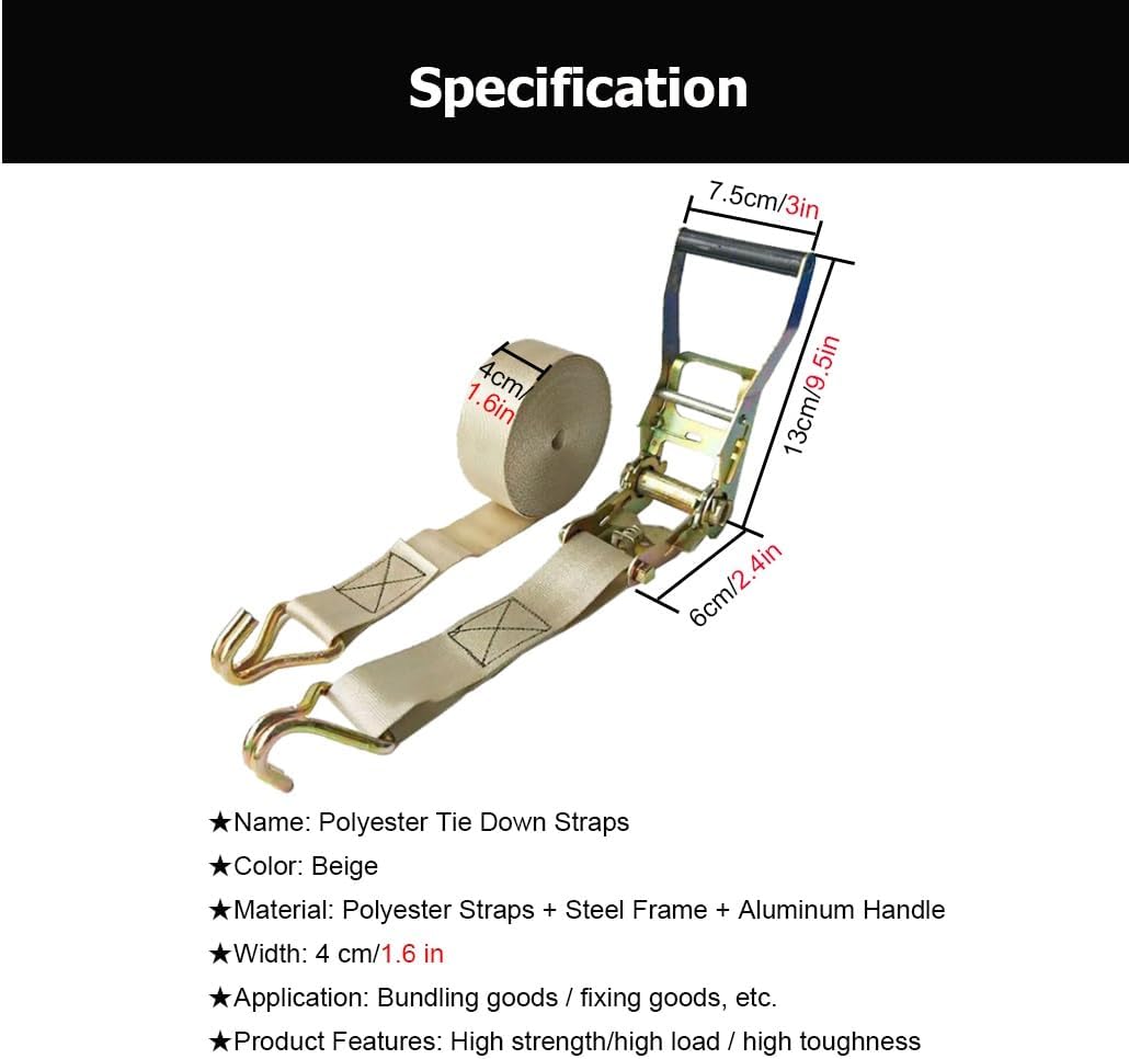 Ratchet Straps 1.6" 2" Wide, Tie Down Strap Set 6613 11023 lbs Break Strength with J Hooks for Trucks ATV UTV Motorcycle Cargo Trailer Kayak Moving Appliances(4cm/1.6in,3.0m/9.8Ft)