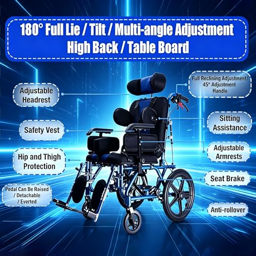Image of Pediatric Full Reclining Wheelchair, Heavy Duty 220 lbs Capacity Folding Kids Wheelchair, Children's Mobility Wheelchair,Multi-Functional Disabled Children,for Cerebral Palsy (Blue)