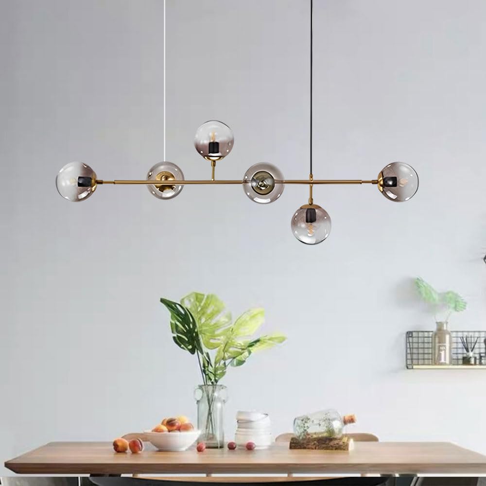Suspension D'îlot De Cuisine Moderne 130 Cm G45 Lustre Minimaliste Lampe Suspendue Boule De Verre Réglable Éclairage Suspendu À 6 Lumières pour Salle À Manger Salon Cuisine Bureau