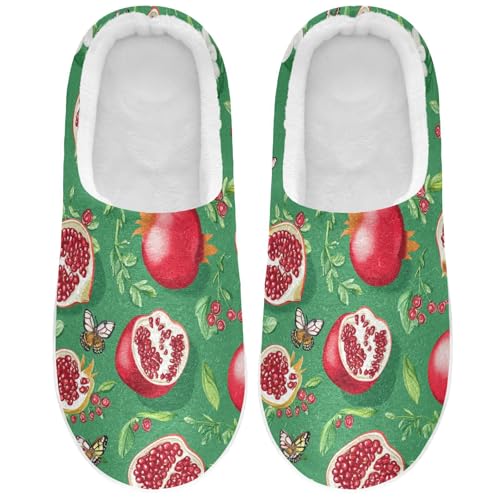 JUNZAN Funny Pomegranate Fruit Green Womens Cotton Slippers Comfortable Memory Foam House Shoes for Bedroom Christmas Presents 6-7