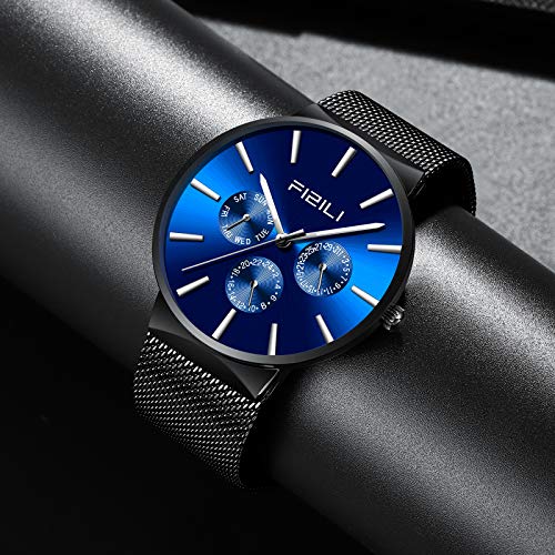 Herren Uhren Ultra Dünne Schwarze Minimalistische Quartz mit Milanese Mesh Edelstahl – Bild 6