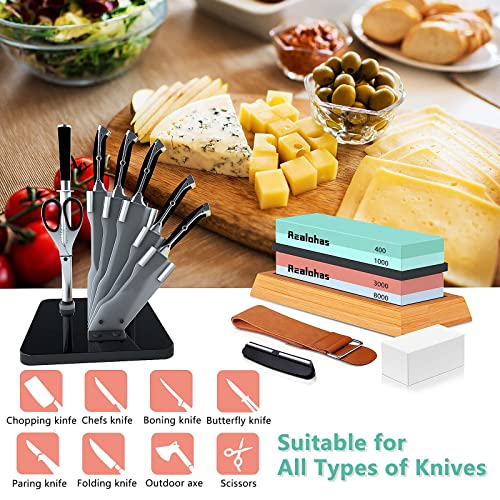 Whetstone Knife Sharpening Stone Kit - Professional Knife Sharpener Stone Set, Realohas Premium 4 Side Grit 400/1000 3000/8000 Wet Stone Sharpening Kit With Anti Cut Gloves, Leather Strop, Angle Guide #TOP4