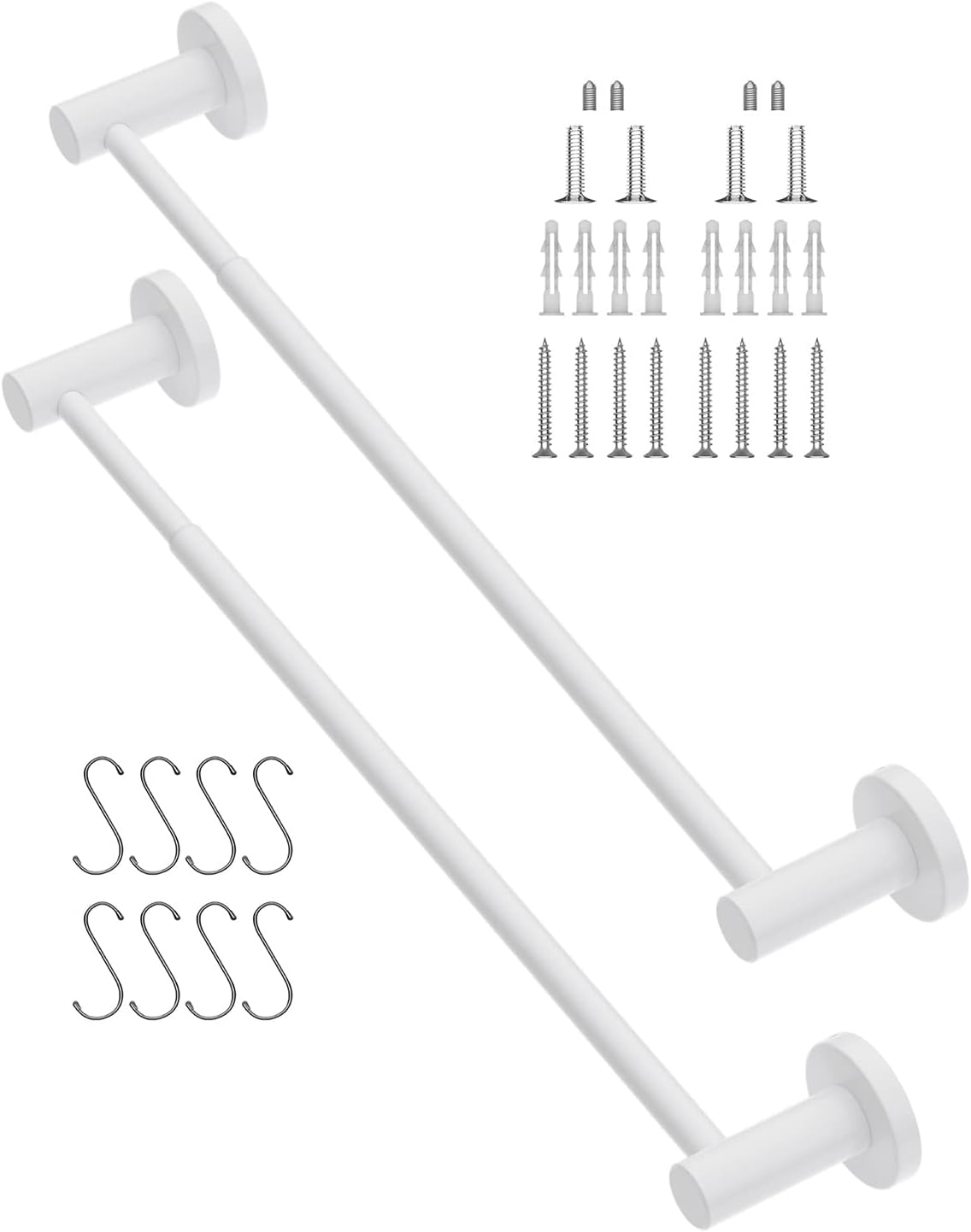 2 Pack Adjustable Towel Holder 16 to 27.6 Inch, iMomwee Stainless Steel White Bath Towel Bars, Wall Mounted Towel Rack Rail for Bathroom Washroom, Single Towel Rod with S Hook
