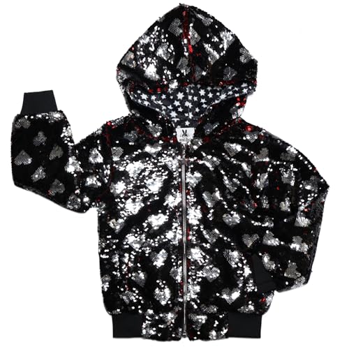 Rebelde Planet – Girls Black Bomber Jacket with Silver Heart Flip Sequin, Side Pockets, Metallic Zipper with Star Slider