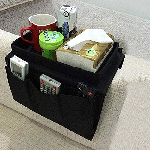 Sofa Armrest Organizer with Tray, Sofa Armrest Pocket Organizer Couch Chair Table Cabinet Storage Space Saver Bag Armchair Remote Control Holder Fits for Phone Pen Glasses Organize Gadget (Gray)